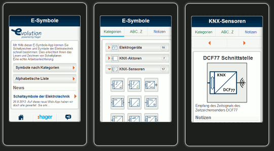 Startbildschirm der E-Symbole App, Liste der Kategorien mit aufgeklappten KNX-Sensoren, Eintrag mit Symbol für einen KNX-DCF77-Sensor Screenshots der E-Symbole WebApp