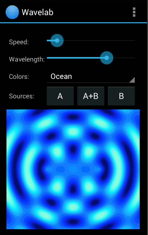 Interferenz zweier blauer Wellen mit langer Wellenlänge Screenshot des Wellenlabors